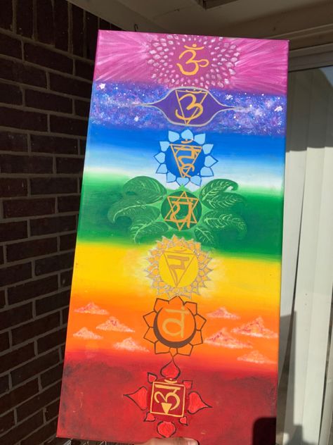 Colorful chakra painting Acrylic, canvas. Seven Chakras Painting, Chakras Canvas Painting, Spiritual Art Canvas Easy, Chakra Meditation Painting, Spiritual Acrylic Painting Ideas, Root Chakra Painting, Acrylic Spiritual Paintings, Healing Paintings Canvases, Spiritual Canvas Art