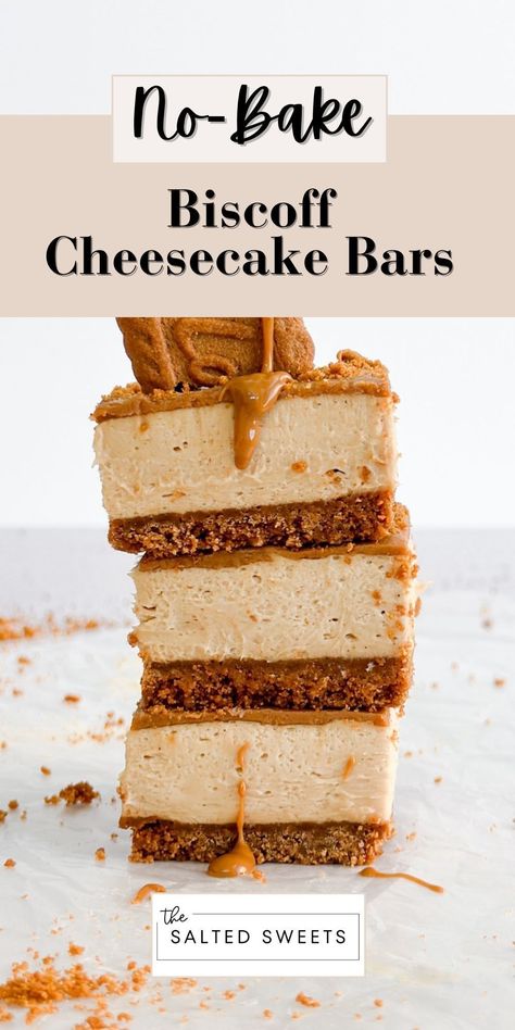 These no bake biscoff cheesecake bars are made with a biscoff cookie crust, topped with a creamy no bake biscoff cheesecake and topped with some biscoff cookie spread on top. They are a biscoff lovers dream, and so easy to make! No Bake Biscoff Cheesecake Bars, Cookie Butter Bars Biscoff, Cookie Butter Cheesecake No Bake, Bake Off Winning Recipes, Biscoff Cookie Bars, Cookie Butter Cheesecake Bars, Recipes With No Bake Cheesecake Filling, Bischoff Recipes, Bischoff Cheesecake