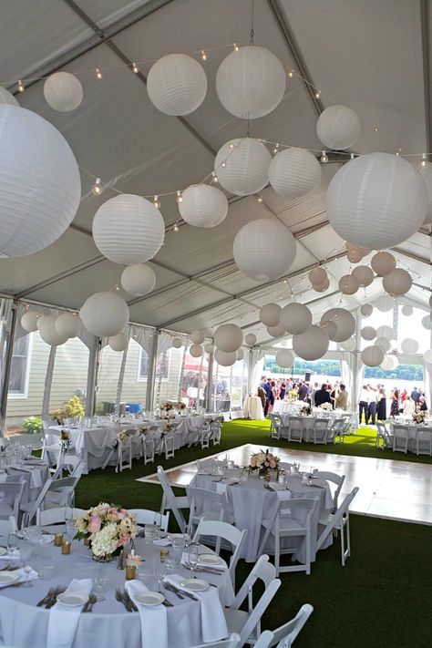 My dimmable LED bistro string lighting, with white paper lanterns installed in the tent at the Lake House Guest Cottages of the Berkshires. Party Tent Lighting Ideas, Summer Tent Party, Tent With Paper Lanterns, Outside Tent Decorations, Decorating Inside A Party Tent, Paper Lanterns In Tent, Outdoor Party Tent Ideas, White Tent Birthday Party, Diy Tent Decorations Party Ideas