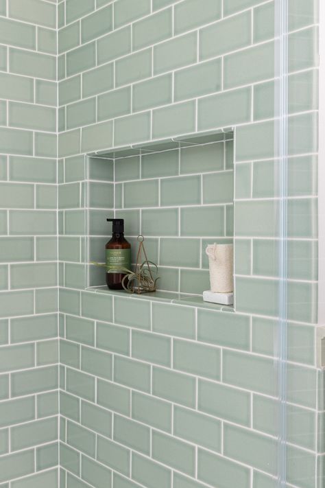 Pale Green Shower Tile, Blue Green Tile Bathroom, Small Bathroom Ideas With Tub, Bungalow Bathroom, Green Tile Bathroom, Tile Brick, Brick Tile, Fireclay Tile, Bathroom Redesign