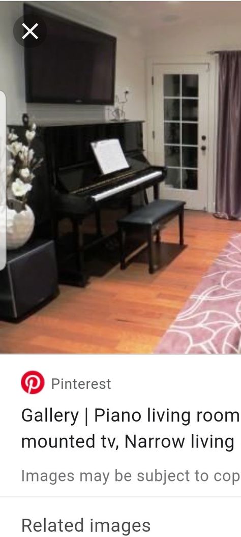 Im deciding to get a TV above my piano so searching for ideas Tv Piano Wall, Piano Next To Tv, Piano With Tv Above, Piano Tv Living Room, Frame Tv Over Piano, Piano And Tv On Same Wall, Piano As Tv Stand, Tv Above Piano Living Rooms, Tv Over Piano Living Rooms