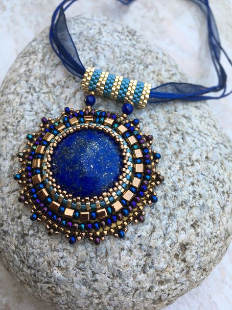 dyi bead embroidery fantasy jewelery statement necklace lapis lazuli Bead Embroidered Pendant, Lapis Pendant, Bead Embroidery Patterns, Bead Embroidery Jewelry, Embroidery Jewelry, Statement Pendant, Handmade Beads, Bead Jewellery, Beaded Pendant