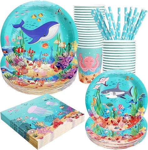 Amazon.com: Under the Sea Birthday Party Supplies Decorations, Ocean Theme Paper Plates and Napkins Set for 24 Guests, 120 Pcs Disposable Sea Animals Party Dessert Dinnerwares : Home & Kitchen Sea Animals Party, Mermaid Birthday Decorations, Under The Sea Birthday Party, Animals Party, Monster Truck Party, Animal Party Theme, Under The Sea Birthday, Birthday Party Design, Ocean Party