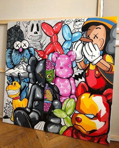 Art For Decoration Home Decor, New Art Painting, What To Draw On The Wall, Canvas Painting Pop Art, Street Art Canvas Painting, Paintings For House Decor, Cool Wall Paintings, Painting Kaws, Graffiti Art Murals