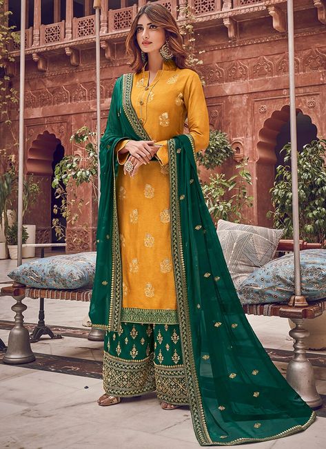 Yellow and Green Dola Silk Palazzo Suit– Lashkaraa Indian Clothes Women, Indian Suits For Women, Palazzo Dress, Costume Bleu, Costume Noir, Yellow Suit, Palazzo Suit, Salwar Kamiz, Silk Bottoms