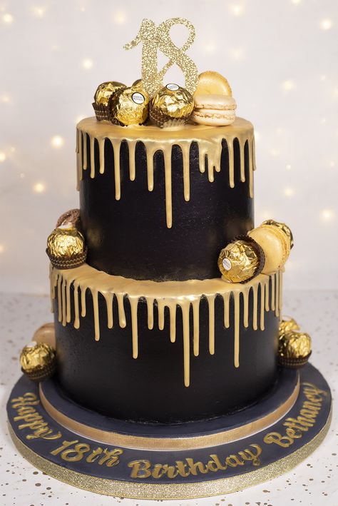 Black And Gold Birthday Cake, Golden Birthday Cakes, Black And Gold Cake, Black And Gold Birthday, Red Birthday Cakes, Modern Birthday Cakes, Nursing Cake, 18th Cake, Gold Birthday Cake