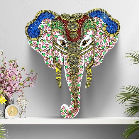 Pattachitra hand-painted elephant head. Elephant Paintings, Phad Painting, Painted Elephant, Elephant Face, Cow Head, Elephant Head, The Process, Cow, Projects To Try