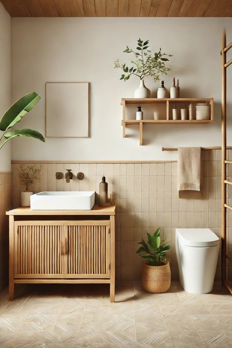 Looking to create a calm, earthy vibe in your small bathroom? Discover 26 decor ideas that use natural wood tones, soft colors, and minimalist storage to make a compact space feel fresh and inviting. From elegant vanities to clever shelving, these tips will help you design a bathroom that’s both beautiful and functional. Check out our blog post to find out how you can transform your small bathroom with minimal effort and maximum style! Japanese Zen Bathroom Ideas, Natural Bathroom Inspiration, Minimal Boho Bathroom, Cool Small Bathroom Ideas, Floating Wood Shelves Bathroom, Cream And Wood Bathroom, Small Bathroom Ideas With Pedestal Sink, Small Natural Bathroom, Minimalist Bathroom Design Small Spaces