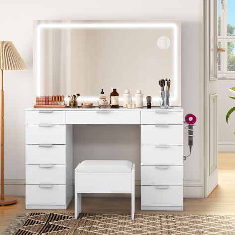 PRICES MAY VARY. Wood Tempered Glass Tabletop Vanity：This vanity features a spacious surface for showcasing items and offers a clear view of drawer contents, all while adding a touch of sophistication to your room's decor. Its transparent design brings elegance to any space, making it a versatile and stylish addition to your home. 11-Drawer Makeup Vanity: Benefit from abundant storage capacity with 11 drawers that comfortably house your makeup, perfumes, hair tools, and essential items within a Vanity Mirror And Desk, Make Up Vanity Walk In Closet, Makeup Vanity Inspiration, Big Vanity Mirror With Lights, Ikea Makeup Vanity Ideas, Vanities For Bedrooms, Desk And Vanity In One, Amazon Vanity Mirror, Vanity Without Mirror