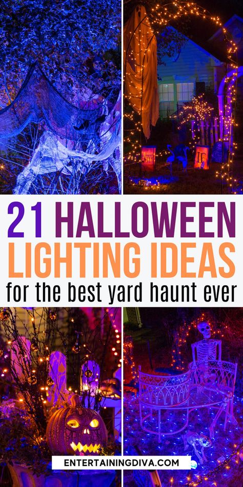 Front Yard Halloween Lights, Witchy Porch Ideas, Hocus Pocus Outdoor Decorations, Halloween Front Yard, Halloween Lighting, Halloween Lighting Outdoor, Halloween Outside, Yard Haunt, Halloween Graveyard