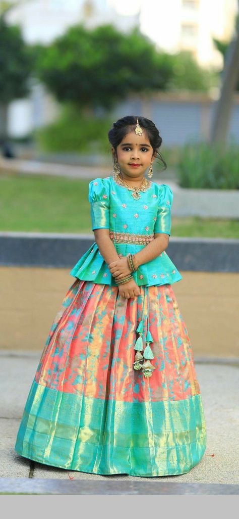 Patti Pavadai Blouse Designs, Baby Lehenga Kids Indian Dresses, Lehenga Blouses For Kids, Patti Pavadai Designs, Pattu Pavadai Design, Patty Pavadai Designs, Kids Pavadai Blouse Designs, Saree Frock Dresses For Kids, Pattu Lehenga Blouse Designs