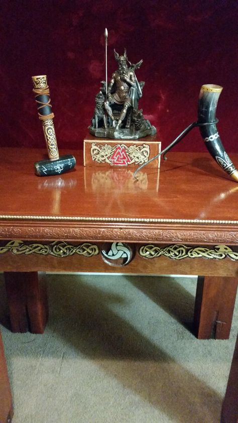 Asatru / Viking Altar to Odin and the Norse gods Hand carved and hand made Norse Pagan Altar Inspiration, Asatru Altar, Viking Altar, Odin Altar, Norse Pagan Altar, Norse Gods, Norse Pagan, Religious Crafts, Pagan Altar