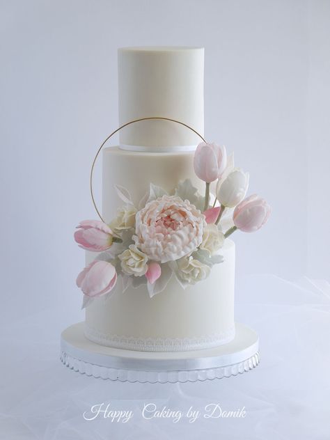 Wedding Cake A hoop wedding cake with a sugar peony and tulips. Creative Wedding Cakes, Floral Wedding Cakes, Romantic Wedding Cake, Amazing Wedding Cakes, White Wedding Cakes, Simple Wedding Cake, White Wedding Cake, Elegant Wedding Cakes, Wedding Cake Inspiration