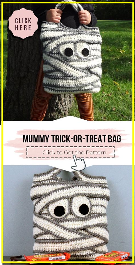 crochet Mummy Trick-or-Treat Bag easy pattern - Easy Crochet Bag Pattern for Beginners. Click to Try the Pattern #Bag #crochetpattern #crochet via @shareapattern.com Sac Halloween, Crochet Pour Halloween, Crochet Mignon, Confection Au Crochet, Halloween Candy Bags, Easter Crochet Patterns, Halloween Crochet Patterns, Halloween Treat Bags, Crochet Simple