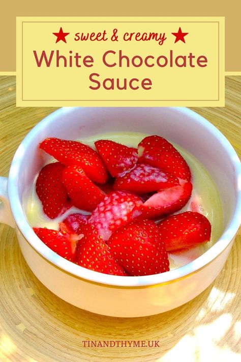 A simple yet delicious white chocolate sauce recipe. Only two ingredients required. Use to accompany puddings and desserts of all kinds, either warm instead of custard or cold as a substitute for cream. #TinandThyme #WhiteChocolateSauce #WhiteChocolate #ChocolateSauce Substitute For Cream, Chocolate Sauce Recipe, Chocolate Sauce Recipes, Energy Bites Healthy, White Chocolate Sauce, Chocolate Book, Chocolate Souffle, Savory Sauce, Recipe Board