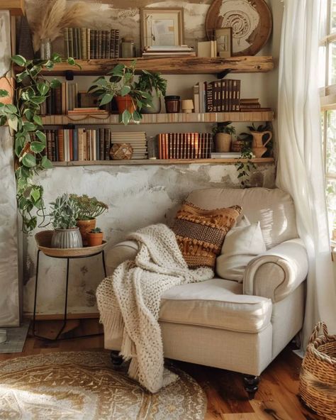 45 Living Room Corner Wall Shelf Ideas - Home Soils Corner Wall Shelf Ideas, Office And Spare Bedroom Ideas, Farmhouse Library, Wall Shelf Ideas, Corner Wall Shelf, Books Display, Organize Books, Geometric Shelves, Corner Wall Shelves