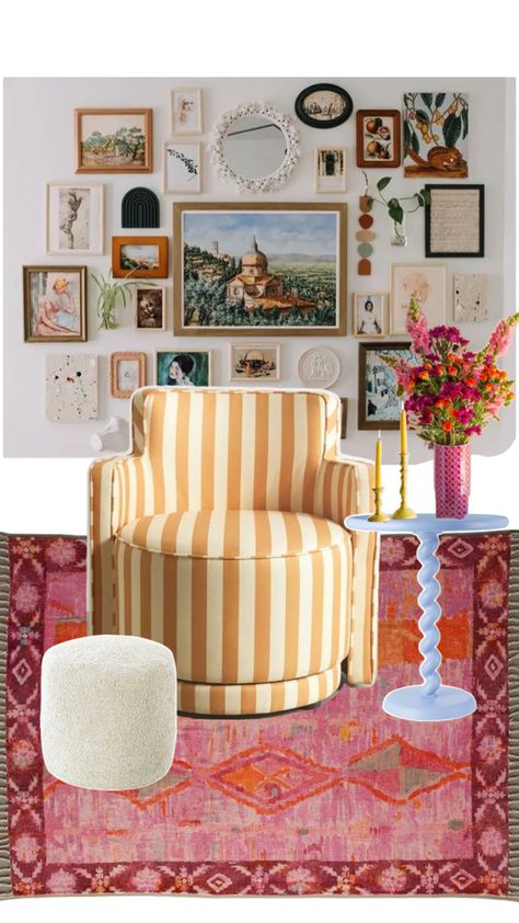 A cozy reading corner with funky bright furniture, gallery wall, and cozy vibes Corner Artwork, Funky Gallery Wall, Eclectic Seating, Fern House, Corner Gallery Wall, Seating Nook, Cozy Reading Corner, Cozy Eclectic, Bright Furniture