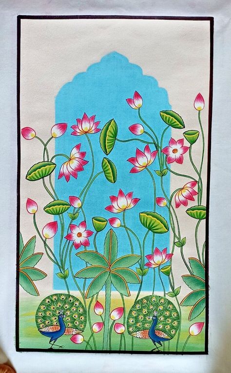 Lotus Pichwai Art, Pichwai Art Paintings Lotus, Traditional Painting Ideas, Pichwai Wall Painting, Pichwai Paintings Lotus, Pichwai Art Paintings, Painting Outlines, Garba Lehenga, Kamal Talai