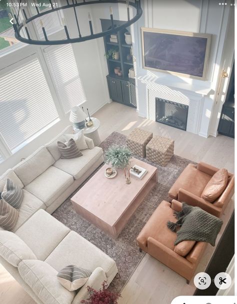 Maximum Living Room Seating, Tv In Open Concept Living Room, Sand Sectional Living Room, Multiple Couch Living Room Layout, Great Room Seating, Living Room Set Up With Couch And 2 Chairs, Living Room With L Couch, Living Room Layout With L Shaped Couch, Sectional With 2 Chairs Layout