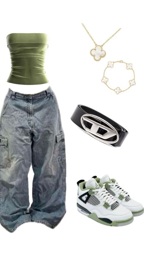 Outfit With Retro 4 Jordans, Green Outfit Streetwear, Retro 4 Outfits, Green Shirt Outfit Ideas, Jordan Retro 4 Outfits, Jordan 4 Fits, Green Shirt Outfit, Jordan 4 Outfits, Jordan 3 Outfit