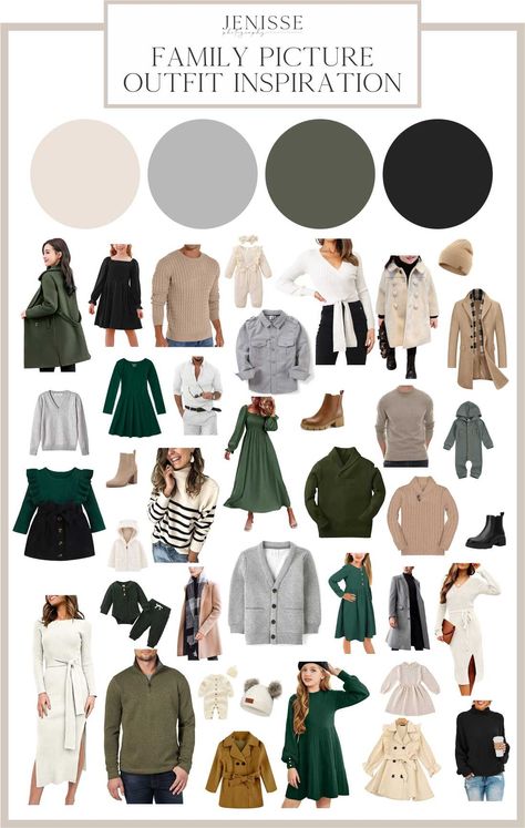 Fall and Winter Outfit Inspiration - Green and Neutrals Winter Color Family Pictures, Family Photo Outfit Coordination, Green Cream Family Pictures, Neutrals And Green Family Pictures, Fall Family Pictures Outfits 2023 Green, Winter Outfits Family Pictures, Winter Holiday Family Photo Outfits, Green And Black Fall Family Pictures, Green And Gold Family Picture Outfits Christmas