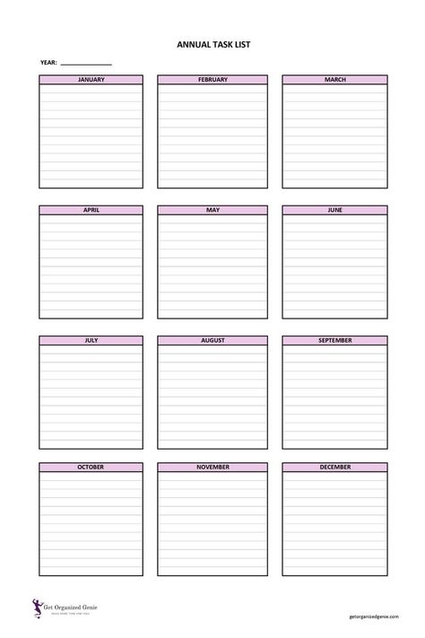 Stay Organized! Use this FREE Printable Annual Task List template to note down the tasks you wish to carry out on different months of the year. Task List Template, Planner Free Printable, Planner Calendar Printables, Weekly Planner Free Printable, Weekly Planner Free, Task To Do, Christmas Preparation, Wedding Shower Games, Work Planner