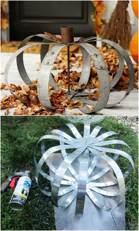 DIY Pottery Barn Inspired Metal Pumpkins Fall Decor On A Budget, Outdoor Fall Decorations, Diy Lawn, Metal Pumpkins, Diy Outdoor Decor, Fall Outdoor Decor, Holiday Craft, Autumn Crafts, Diy Pottery