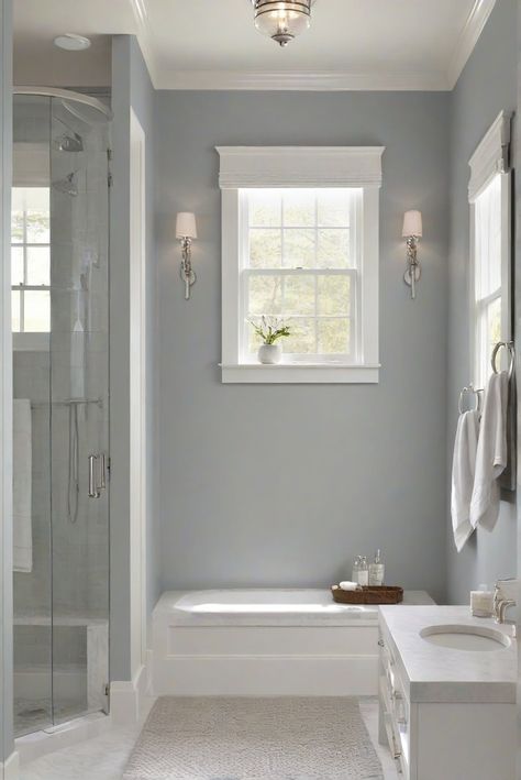 Step into a tranquil bathroom haven with the subtle sophistication of BM Boothbay Gray (HC-165). Discover the daily routine of an interior designer and explore decor ideas for a serene space. #Ad #homedecor #homedesign #bathroom #Painthome interiorarchitecture best Wall Colors for Bathroom Colors Bright Room Colors best colors combinations bathroom bathroom Remodeling Modern Paint Colors 2024 Boothbay Gray Bathroom, Bm Boothbay Gray, Benjamin Moore Bathroom Colors, Bathroom Paint Colors Sherwin Williams, Bathroom Paint Colors Blue, Boothbay Gray, Grey Bathroom Paint, Explore Decor, Bright Room Colors