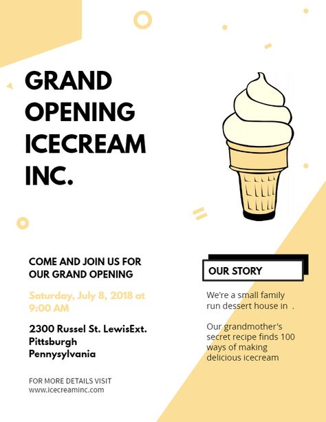 Small business/ice cream parlor grand opening event flyer poster template. Ice Cream Opening Poster, Business Poster Design Ideas, Leaflet Examples, Branding Plan, Leaflet Design Template, Business Poster Design, Event Advertisement, Bakery Poster, Grand Opening Flyer