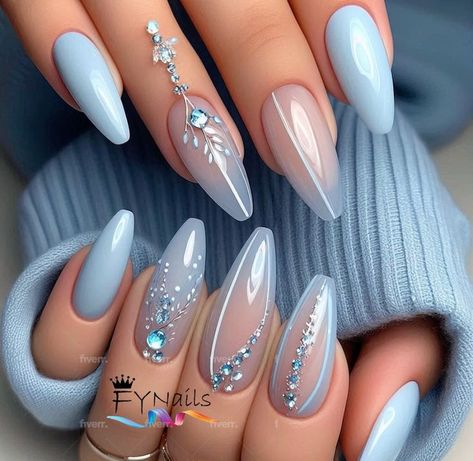 Wedding Nails Blue And White, Baby Blue Nails Ideas, Almond Nail Design Ideas, White Blue Nails, Cinderella Nails, Blue Wedding Nails, Cherry Blossom Nails, Baby Blue Nails, Fancy Nails Designs