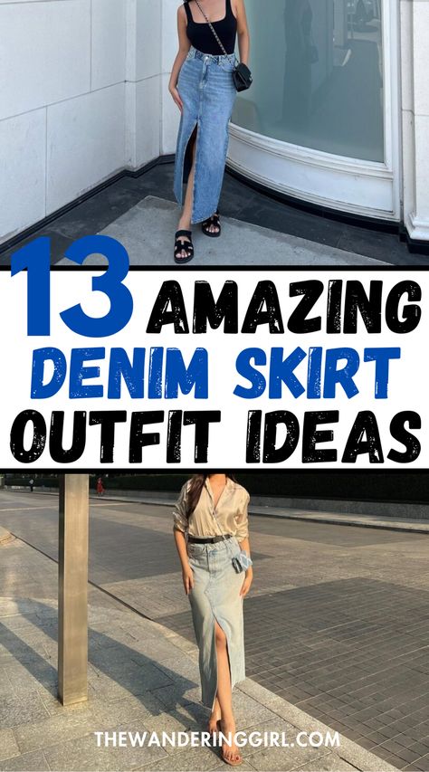 Looking for insanely cute denim skirt outfit ideas? This post shows you all the best long denim skirt outfits and exactly what to wear denim skirt with. This include what shoes to wear with denim skirts, tops to go with denim skirts, and other ways on how to style denim skirts! Jean Skirt Outfits Work, Faded Black Denim Skirt Outfit, Denim Skirt Outfit Fall 2024, Denim Skirt Plaid Shirt, Blue Jean Long Skirt Outfits, What Shoes To Wear With A Long Denim Skirt, Tops To Wear With Denim Skirts, How To Dress Up A Denim Skirt, Shoes To Wear With Skirts Winter