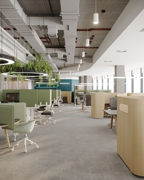 SOFT GREY OFFICE :: Behance Green Grey Office, Pastel Green Office, Monochromatic Office Design, Green And Grey Office, Staff Area Design Office, Green Office Interior, Workplace Design Office, Modern Office Design Inspiration, Industrial Interior Office