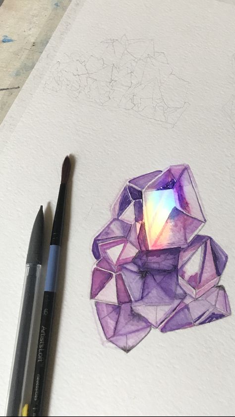 Painting Crystals Acrylic, Crystal Tutorial, Crystals Watercolors, Crystal Illustration, Watercolor Doodles, Crystal Painting, Crystal Drawing, Watercolor Tutorial, Crystal Logo