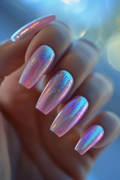 Pink Irridecent Design Nails, Black And Iridescent Nails, 2024 Birthday Nails, Purple Holographic Nails Designs, Rainbow Rhinestone Nails, Pink Holographic Nail Designs, Unicorn Chrome Nails Designs, Sparkly Chrome Nails, Holo Nail Art