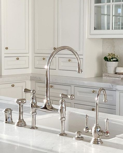 Probably the hardest splurge for me to decide on was these bridge faucets at both of the sinks in my kitchen! I loved these faucets from… | Instagram French Country Kitchen Sink Faucets, Waterworks Faucet Kitchen, Chrome Bridge Kitchen Faucet, Polished Nickel Kitchen Faucet, Polished Nickel Kitchen, Country Kitchen Sink, Bridge Faucet Kitchen, Farmhouse Sink Faucet, Bridge Faucet