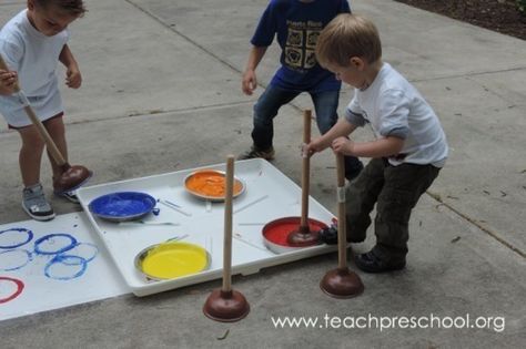 Take the Plunge and try Plunger Painting! by Teach Preschool Large Motor Art Activities, Community Helpers Theme, Teach Preschool, Outdoor Play Area, Plungers, Preschool Arts And Crafts, Painting Activities, Outdoor Classroom, Community Helpers