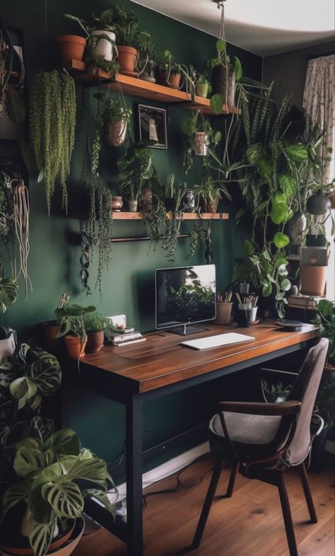 a room with many plants on the desk, in the style of emerald and brown, y2k aesthetic, wood, mirrored, rusticcore, contemporary diy, soft-edged Rock Room, Plant Room, Interior Design Per La Casa, Apartment Decor Inspiration, Room With Plants, Design Del Prodotto, Home Office Setup, Green Rooms, Office Room