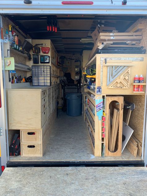 LFH Smart Remodel Trailer In Use - Lake Forest Handyman Enclosed Utility Trailers, Trailer Shelving, Work Truck Organization, Construction Trailer, Work Truck Storage, Remodel Trailer, Bug Out Trailer, Trailer Design, Enclosed Cargo Trailers