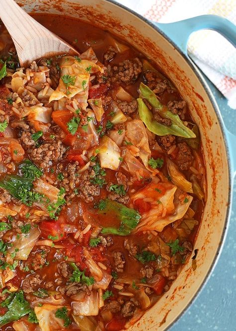 Super easy to make, this is the BEST Stuffed Cabbage Soup recipe ever made. Inspired by the authentic recipe for Stuffed Cabbage Rolls, this is on the table in now time and leftovers are freezer friendly. @suburbansoapbox #stuffedcabbage #soup #recipe #stuffedcabbagesoup #freezermeal Stuffed Cabbage Soup Recipe, Stuffed Cabbage Soup, Easy Stuffed Cabbage, Recipe With Ground Beef, Cabbage Soup Recipe, Stuffed Cabbage Rolls, Unstuffed Cabbage, Cabbage Roll Soup, Cabbage Roll