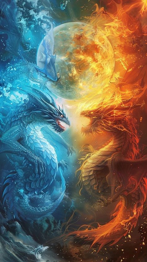 Fire dragon surrounded by flames, ice dragon surrounded by frost, warm colors for fire, cool colors for ice, dragons in dynamic poses, sun and moon in the background, Earth between them, style of a novel cover Fire And Ice Dragons, Frost Dragon, Iced Earth, Fantasy Dragon Art, Earth Dragon, Dragon Lady, Dragon Wallpaper, Fire Cover, Dragon Wallpaper Iphone