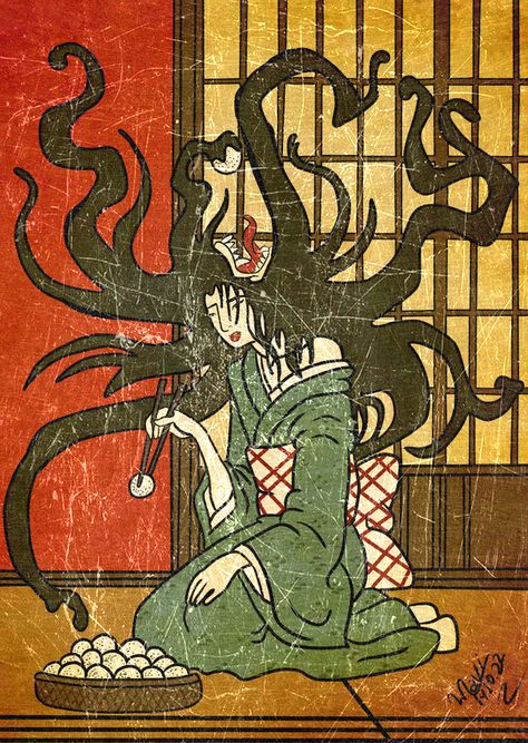 Yokai Japanese Folklore Art, Nukekubi Japanese Folklore, Asian Horror Aesthetic, Old Japanese Art Aesthetic, Japanese Mythology Aesthetic, Japanese Legends Mythology, Japanese Superstitions, Japanese Ghost Art, Japanese Mythology Art