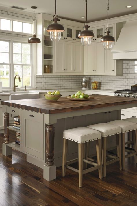 15 Stunning Butcher Block Island Ideas to Transform Your Kitchen – Everyday Inspo Large Butcher Block Kitchen Island, Butcher Block Countertops And Wood Floor, Kitchen Ideas Butcher Block Counter, Wood Beam Ceiling Kitchen, Kitchen With Butcher Block Island, Walnut Butcher Block Island, Kitchen Island Butcher Block, Butcher Block Islands, Island Butcher Block