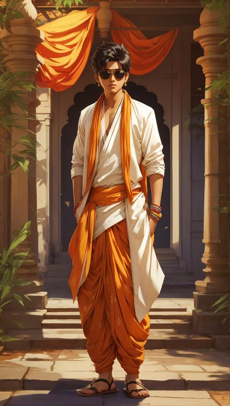 a charming anime boy wearing a traditional Indian dhoti. The dhoti is a traditional Indian garment that is worn by men in India. It is made up of a long piece of cloth that is draped around the waist and legs. The dhoti can be made from a variety of materials, including cotton, silk, and linen. The anime boy in this post is wearing a dhoti in a beautiful shade of white. He is also wearing a traditional Indian turban and a pair of gold khussas (sandals). Indian Turban, Traditional Indian Mens Clothing, Indian Culture And Tradition, Traditional Indian Dress, Anime Canvas Art, Fashion Drawing Dresses, Fashion Illustration Dresses, Black Anime Characters, Indian Art Paintings