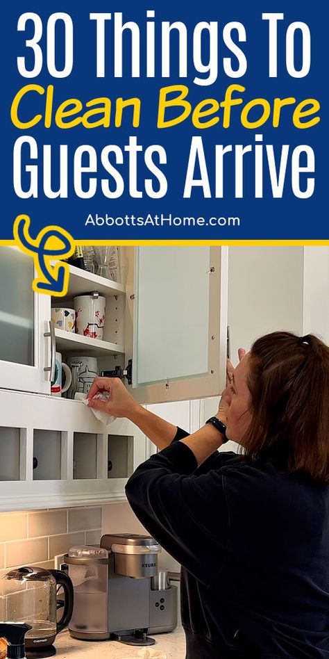 Image of someone cleaning kitchen cabinets for a post with 30 things to clean before guests arrive. Cleaning checklist. Cleaning Kitchen Cabinets, Guest Checklist, Easy Off Oven Cleaner, Things To Clean, Dishwasher Filter, Clean Kitchen Cabinets, Wash Pillows, Cleaning Kitchen, Oven Cleaner