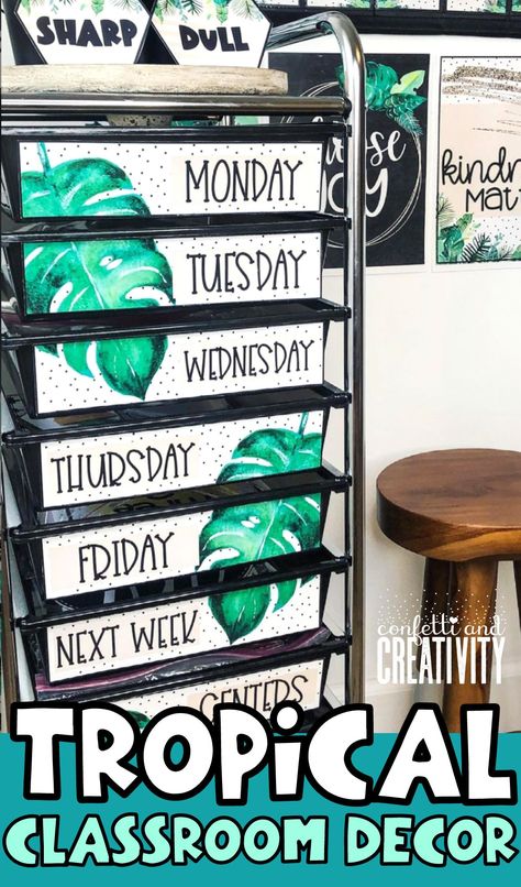 Tropical Jungle Classroom Theme, Leaf Classroom Theme, Emerald Green Classroom Decor, Monstera Leaf Classroom Decor, Tropical Theme Bulletin Board, Classroom Decor Greenery, Tropical Classroom Theme Ideas, Tropical Theme Classroom Decor, Fifth Grade Classroom Theme