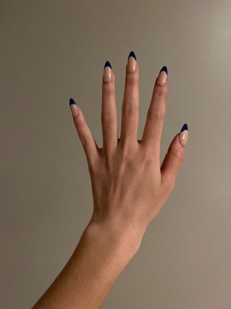 Dark Blue Acrylic French Tips, Cute Hoco Nails For Navy Blue Dress, Navy Blue Acrylics Prom, Navy Blue Tips Nails French, Nails For Black And Blue Dress, Matte Blue French Tip Nails, Nails With A Navy Blue Dress, Navy Blue Tipped Nails, Navy Tipped Nails