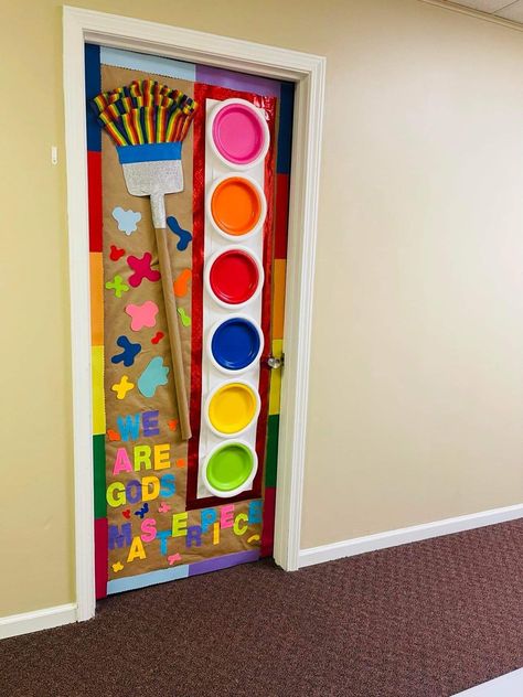 Activity Room Door Decoration Ideas, We Are Gods Masterpiece Craft, Art Door Decorations, Art Teacher Appreciation Door, Gods Masterpiece Craft, Gods Masterpiece Vbs, Cool Door Painting, Art Classroom Door, Art Classroom Rules