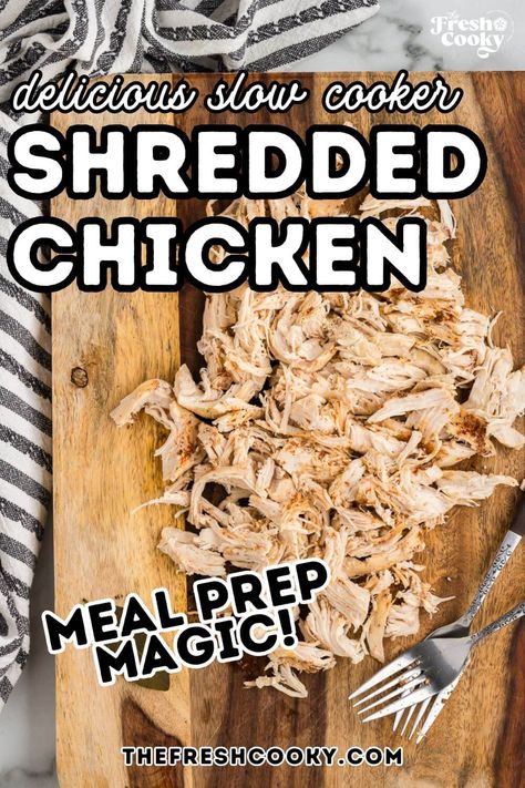 Slow Cooker Shredded Chicken is one of those recipes that never goes out of style! It’s effortless, versatile, and packed with flavor. Whether you need to meal prep for a variety of meals or feed a crowd, you can just toss it in the slow cooker and let it work its magic. In just a few hours, you’ll have tender, juicy and perfectly seasoned shredded chicken ready to go! Get the recipe from thefreshcooky.com Crockpot Chicken Recipes For Meal Prep, Seasoned Shredded Chicken Crockpot, Meal Prep Slow Cooker Chicken, Shredded Chicken In The Crockpot, Shredded Chicken Over Rice, How To Season Shredded Chicken, Crockpot Chicken For A Crowd, High Protein Crockpot Chicken, Gluten Free Shredded Chicken Recipes