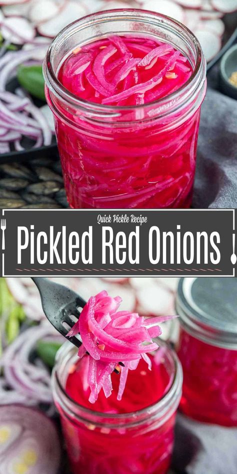 This easy quick pickled red onion recipe is a delicious way to add a little extra flavor to any dish with just 5 simple ingredients. These easy pickled red onions are a great addition to tacos, sandwiches, burgers....just about anything! The vinegar and sugar gives them a tangy flavor that you're going to love. Learn how to quick pickle vegetables with almost no effort and have pickled onions in your refrigerator any time you want them! Make Pickled Onions, Pickled Red Onion Recipe, Pickled Veggies Recipe, Pickled Red Onions Recipe, Antipasto Platters, Pickle Onions Recipe, Quick Pickled Vegetables, Pickled Red Onion, Red Onion Recipes