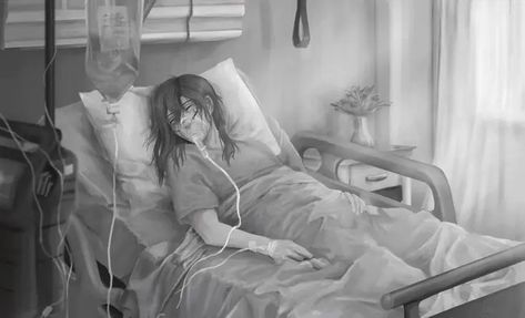 Injury Pose Reference Drawing, Anime Hospital Patient, Hospital Art Anime, Manga Hospital, Hospital Bed Drawing, Injured Pose Reference Drawing, Injured Pose Reference, Anime Hospital, Facial Expressions Drawing